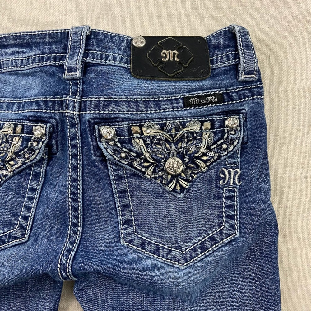 Miss Me Signature Bootcut Jeans Womens 25 Blue Embellished Flap Pocket Low Rise